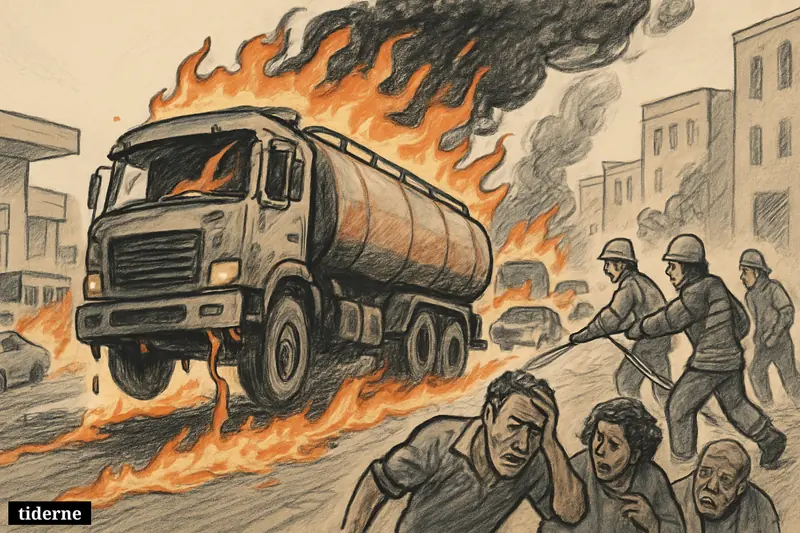 A burning tanker truck speeds through a city street, leaving a trail of fire as vehicles burn and emergency responders rush in.