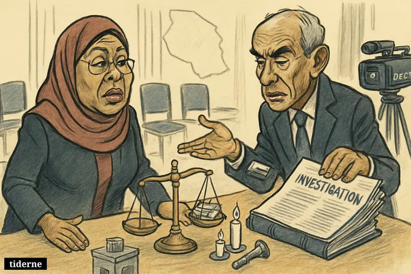 Caricatures of Samia Suluhu Hassan and Mohamed Chande Othman confronting a grim election violence report in a government briefing room.