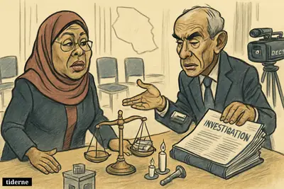 Caricatures of Samia Suluhu Hassan and Mohamed Chande Othman confronting a grim election violence report in a government briefing room.