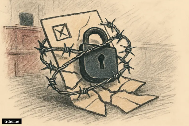 A black padlock bound in barbed wire hangs above a cracked ballot shape on a dark, shadowy background (AI-genereret illustration)