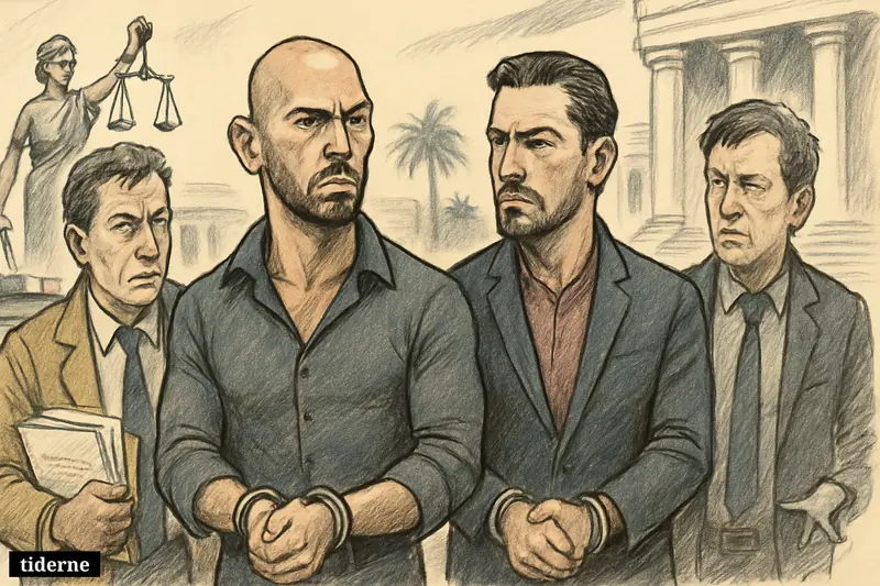 Andrew and Tristan Tate in handcuffs, escorted by officers near courthouse steps, a police vehicle, and an airplane in a Miami arrest scene. (AI-genereret illustration)