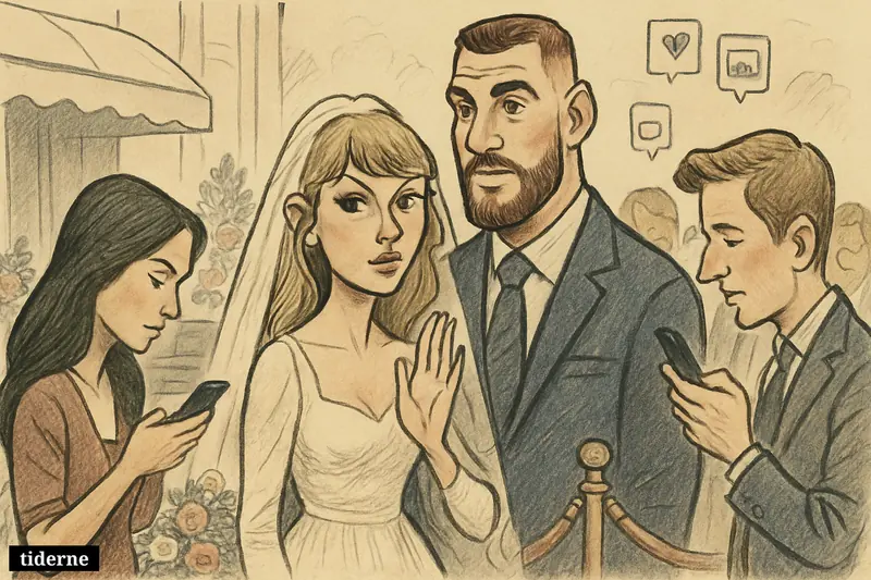 Taylor Swift and Travis Kelce stand outside a private wedding venue as celebrity guests check phones and quietly leak details.