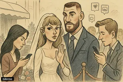 Taylor Swift and Travis Kelce stand outside a private wedding venue as celebrity guests check phones and quietly leak details.