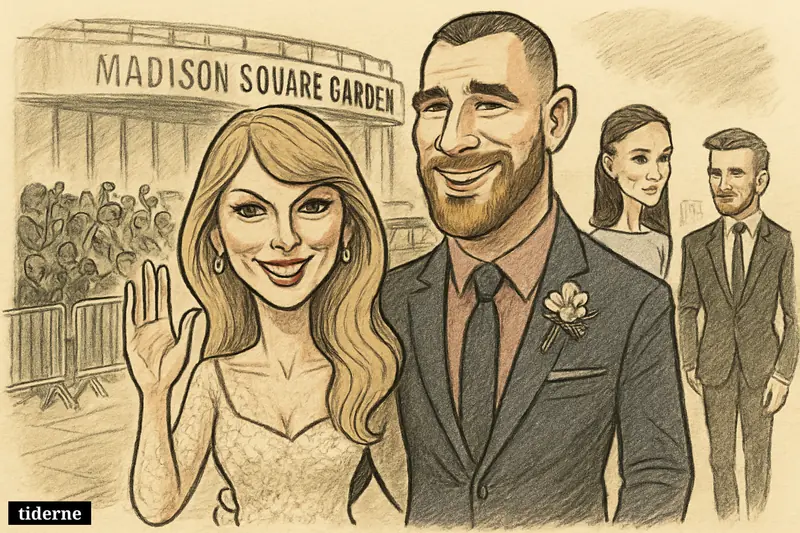 Taylor Swift and Travis Kelce arrive arm in arm at Madison Square Garden, with Victoria and David Beckham behind them at a celebrity wedding party.