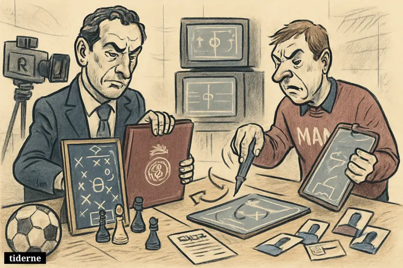 A sports newsroom caricature shows a sealed football contract on a Madrid-themed tactics table and a frustrated Manchester scouting setup nearby. (AI-genereret illustration)