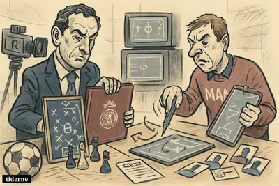 A sports newsroom caricature shows a sealed football contract on a Madrid-themed tactics table and a frustrated Manchester scouting setup nearby. (AI-genereret illustration)