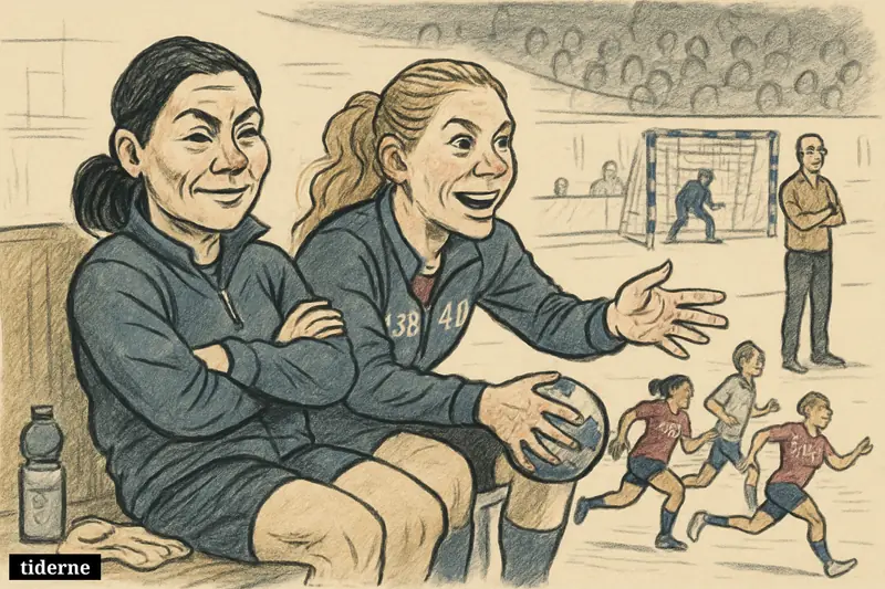 Nora Mørk and Henny Reistad sit confidently on the bench while Team Esbjerg controls a handball playoff game in front of them.