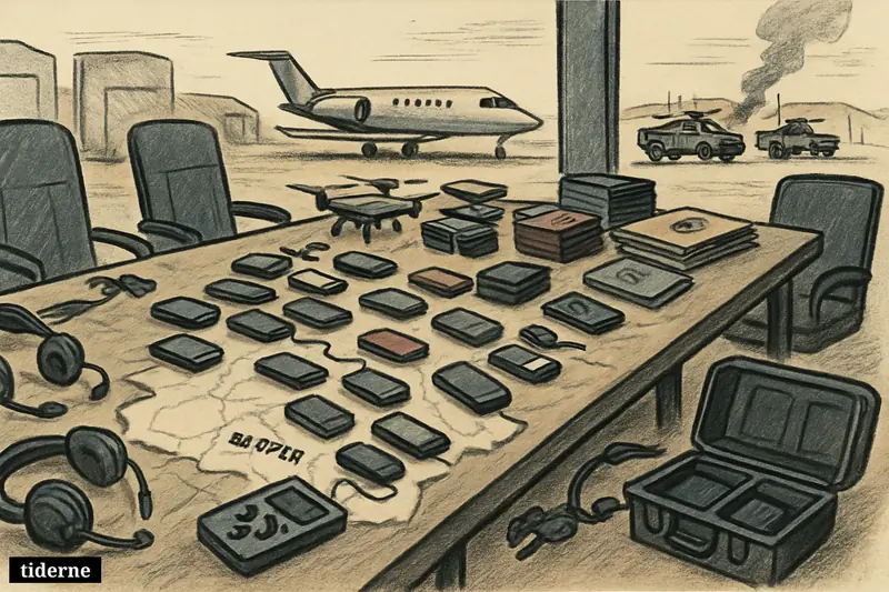 Dozens of phones, drones, cash, passports, and militia gear surround a war-room table at a desert airstrip in Sudan.