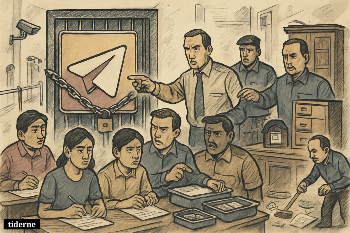 A caricature exam-security scene shows Telegram blocked outside an Indian test hall as anxious students and proctors prepare for a retest.