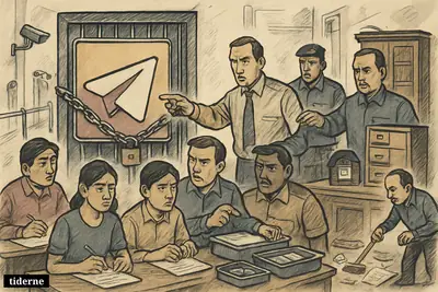 A caricature exam-security scene shows Telegram blocked outside an Indian test hall as anxious students and proctors prepare for a retest.