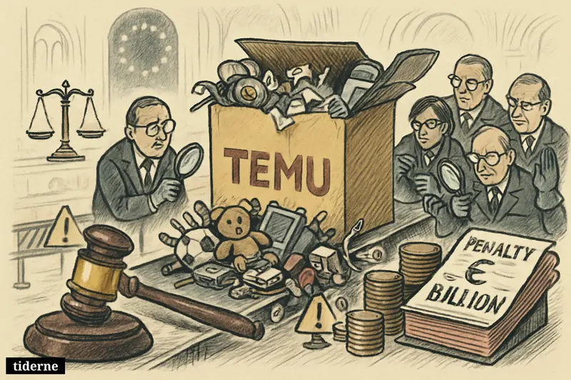 A giant Temu package bursts open in an EU chamber as officials inspect unsafe goods beside a gavel and huge fine symbols.