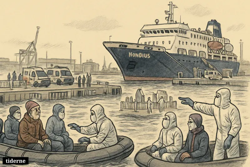 Passengers are ferried by small boats from an offshore ship to an isolated harbor reception area with medics, police, and emergency vehicles.