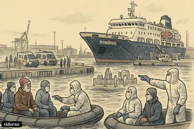 Passengers are ferried by small boats from an offshore ship to an isolated harbor reception area with medics, police, and emergency vehicles.