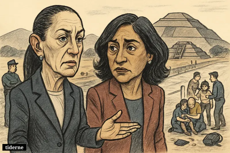 Caricature of Claudia Sheinbaum and Anita Anand at Teotihuacán as security evacuates distressed tourists near the pyramids after a shooting.