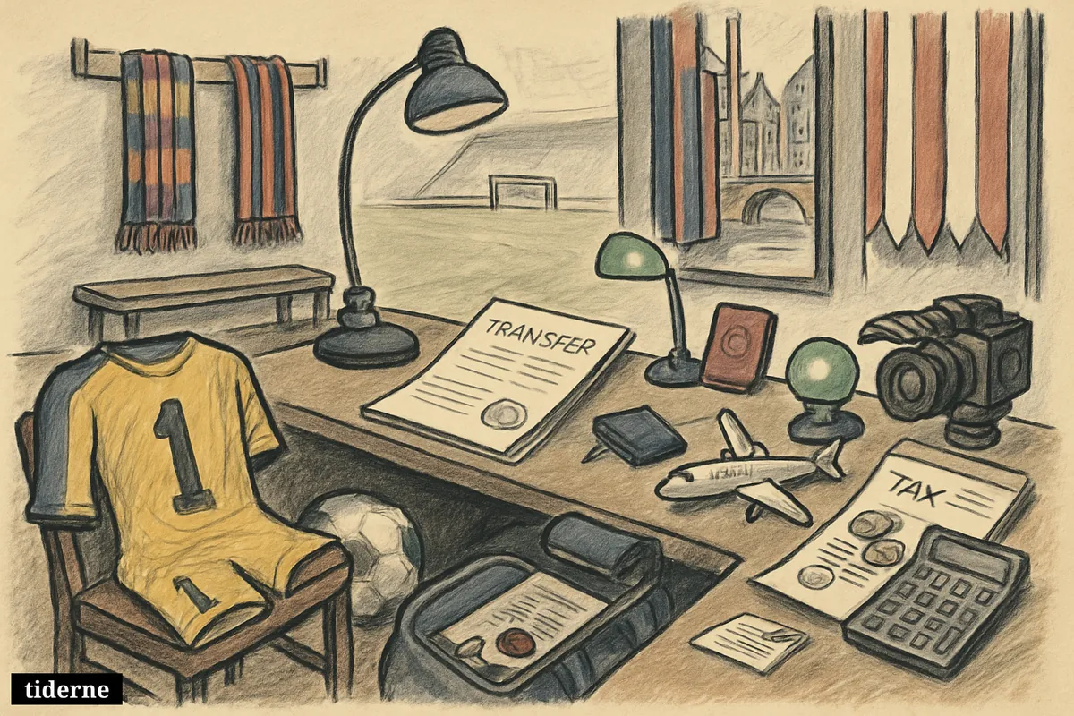 A football transfer office scene with goalkeeper gear, travel bag, paperwork, Barcelona and Ajax elements, and media props suggesting an approved move. (AI-genereret illustration)