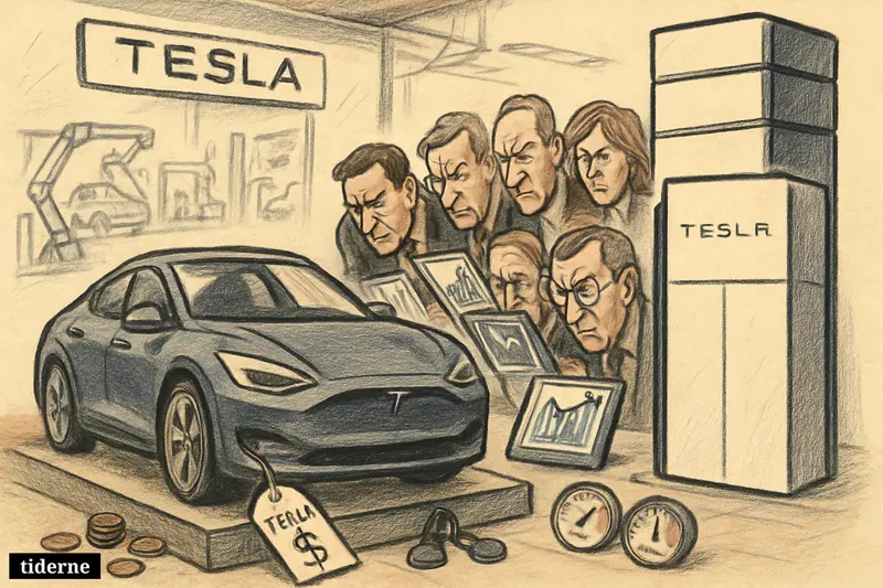 A caricature Tesla showroom scene with an electric car under pressure, oversized battery units, and anxious investors studying revenue and margin signals.
