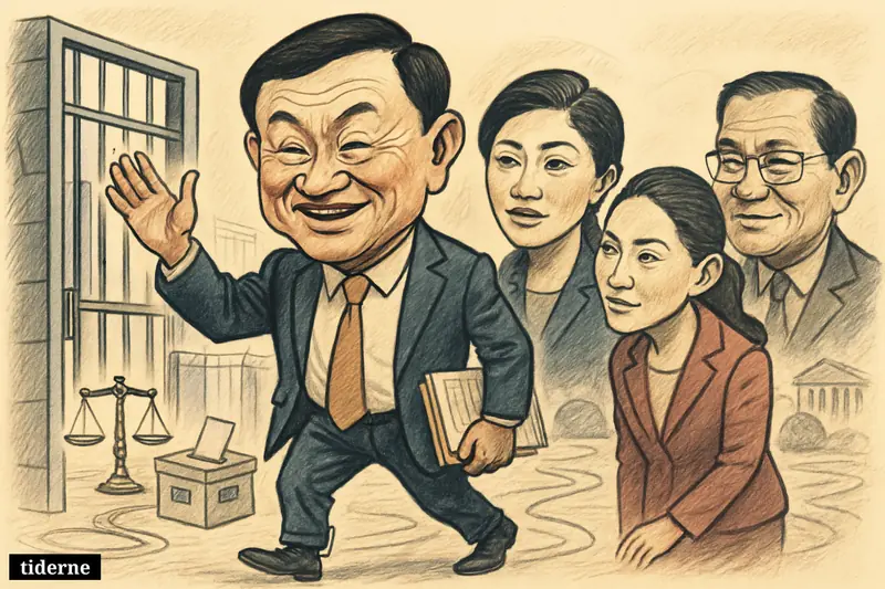 Thaksin Shinawatra steps from prison wearing an ankle monitor, flanked by Yingluck and Paetongtarn, while Hun Sen watches nearby.