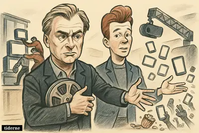 Christopher Nolan clutches a film reel as Rick Astley gestures beside him while studio staff remove leaked movie copies from floating social media screens. (AI-genereret illustration)