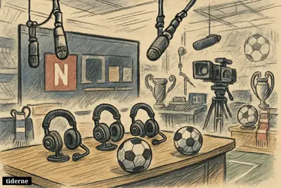 A football podcast studio with streaming screens, cameras, microphones, three empty headsets, and footballs suggesting a regular Netflix sports show. (AI-genereret illustration)