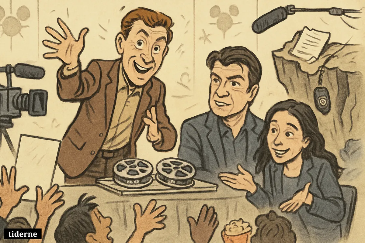 Alexi Hawley, Nathan Fillion, and Melissa O'Neil on a Comic-Con panel, teasing a split premiere and joking about a cliffhanger. (AI-genereret illustration)