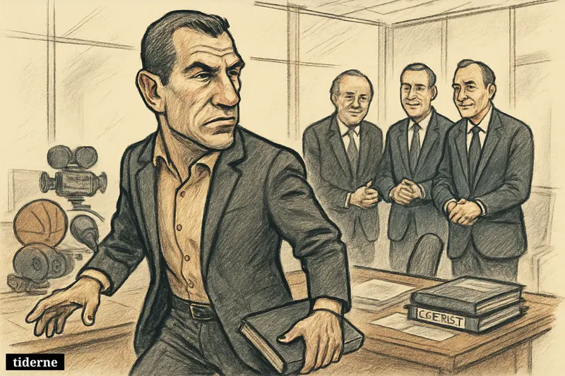 Caricature of Casey Wasserman stepping away from a boardroom desk as familiar investors wait nearby among sports and entertainment deal props. (AI-genereret illustration)