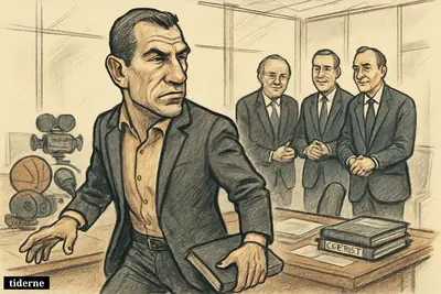 Caricature of Casey Wasserman stepping away from a boardroom desk as familiar investors wait nearby among sports and entertainment deal props. (AI-genereret illustration)
