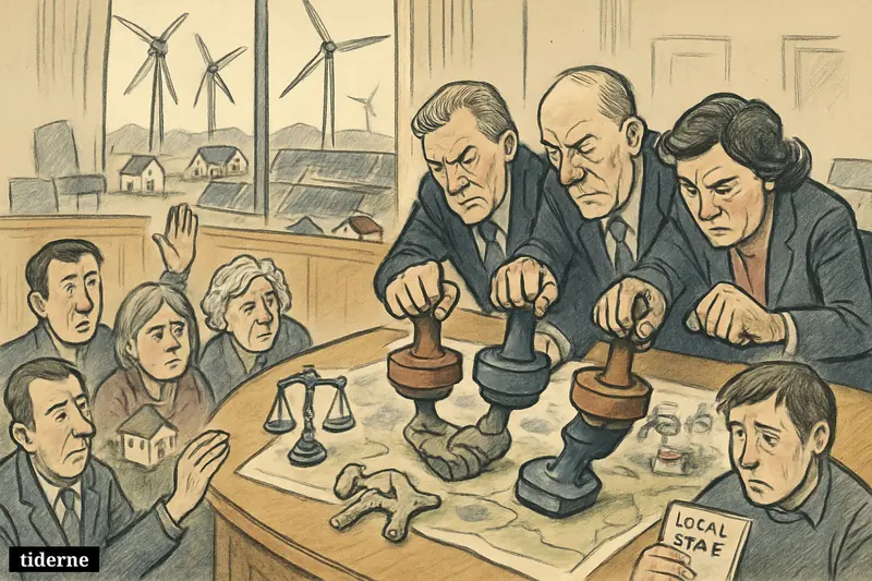 Municipal politicians approve energy projects while frustrated residents protest, with wind turbines and solar panels looming over a rural planning map.