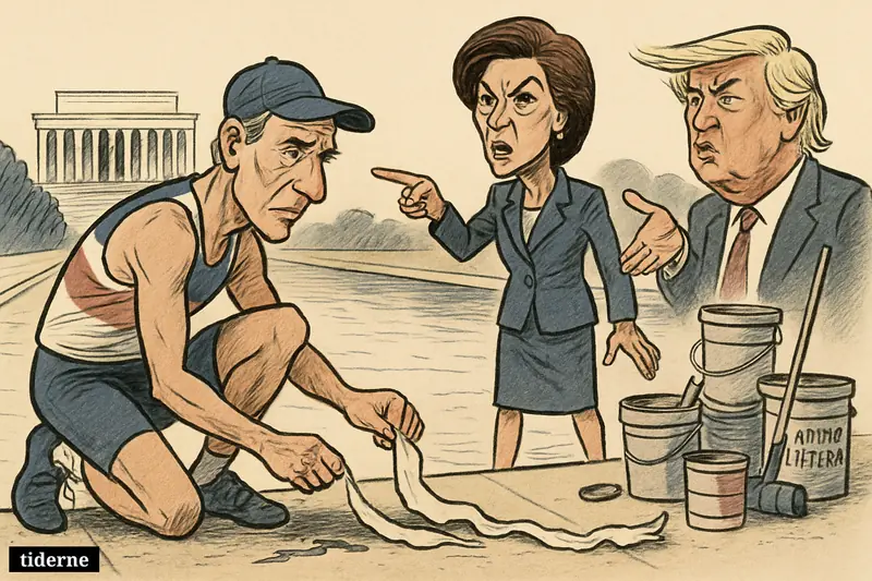 Caricature of David Hearn pulling up pool sealant as Jeanine Pirro points at the damage and Donald Trump watches near the Reflecting Pool.
