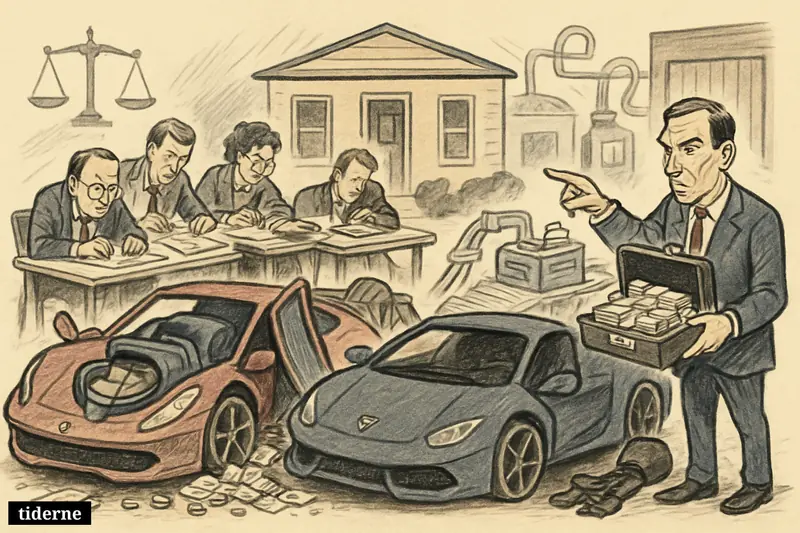Luxury sports cars, cash-filled bags, nervous accountants, and an investigator outside a tiny office linked to suspicious money laundering.