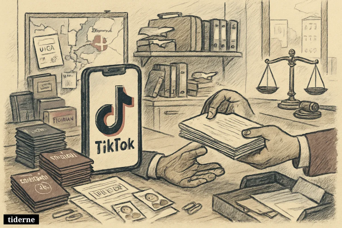 A suspicious Kampala visa office with a TikTok phone screen, forged travel papers, passports, and symbols linking Uganda to Denmark.
