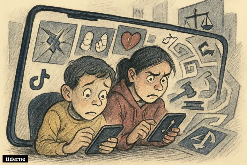 A worried child and teenager are pulled through a TikTok-like feed toward harmful imagery, with regulatory symbols looming behind them. (AI-genereret illustration)