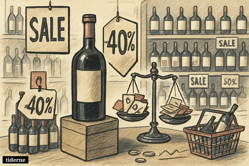 A wine shop display shows repeated discount wine bottles, oversized sale tags, a scale, and shopping props highlighting misleading markdowns.