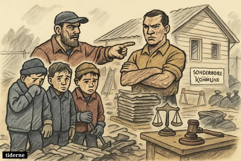 Two stern adult men oversee four anxious boys handling hazardous roofing debris at a demolition site, with legal symbols and unsafe conditions visible. (AI-genereret illustration)