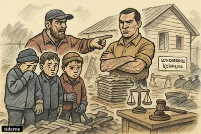 Two stern adult men oversee four anxious boys handling hazardous roofing debris at a demolition site, with legal symbols and unsafe conditions visible. (AI-genereret illustration)