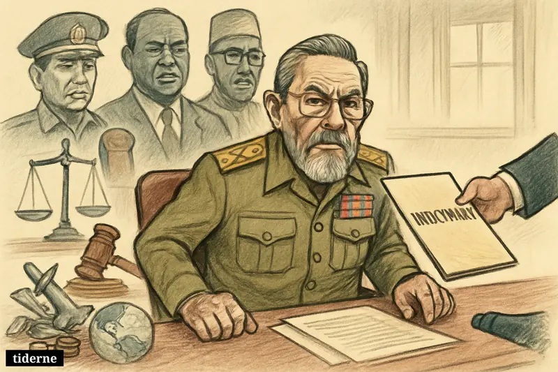 Raúl Castro sits tensely at a hearing table while past indicted leaders loom behind him and legal and economic symbols surround the scene.
