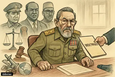 Raúl Castro sits tensely at a hearing table while past indicted leaders loom behind him and legal and economic symbols surround the scene.