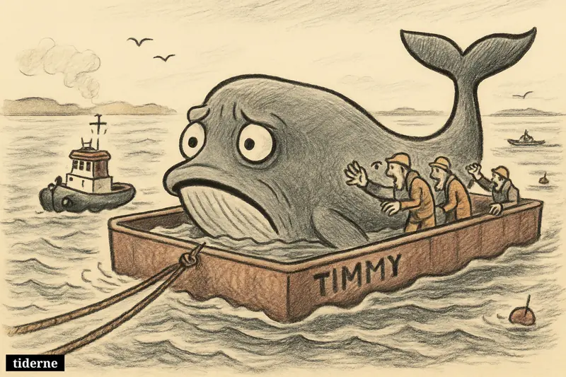 A caricature humpback whale rides in a water-filled barge being towed from coastal waters during a tense marine rescue operation.