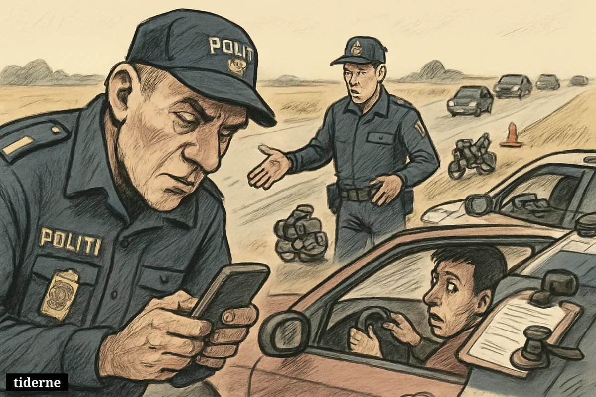 Police conduct roadside speed control on a rural road, stopping a nervous driver while other cars pass quickly in the background.