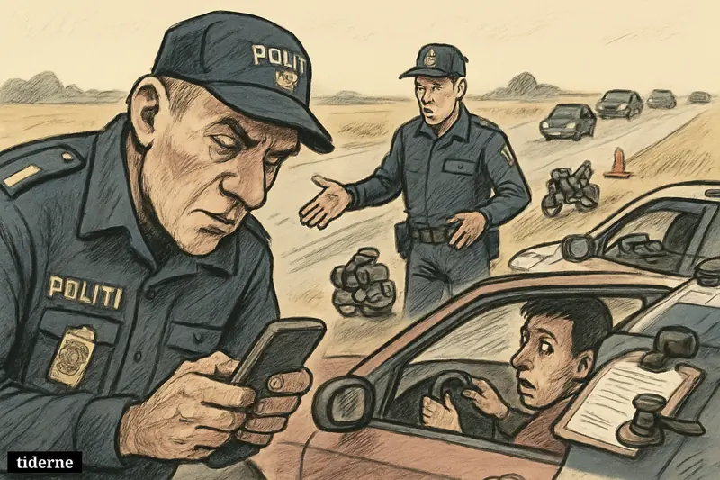 Police conduct roadside speed control on a rural road, stopping a nervous driver while other cars pass quickly in the background.