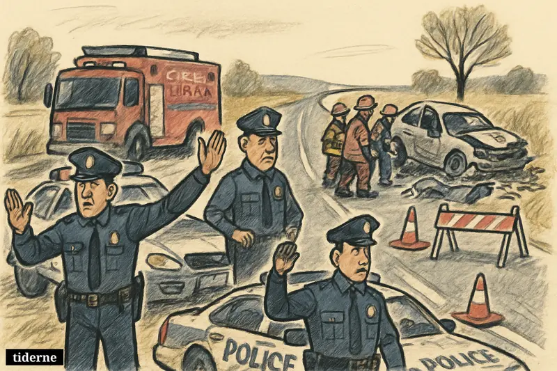 Police and rescue crews block a rural road while attending a damaged car after a traffic accident near open fields. (AI-genereret illustration)