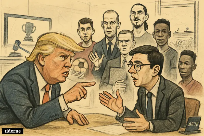 Trump and Burnham face off at a table, surrounded by football figures, protest imagery, and maritime blockade symbols in one crowded briefing room. (AI-genereret illustration)