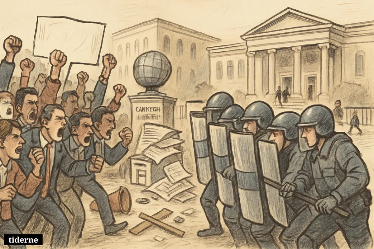 Protesters clash with riot police outside a formal political meeting hall, with research institute symbols and scattered barricades framing the unrest.