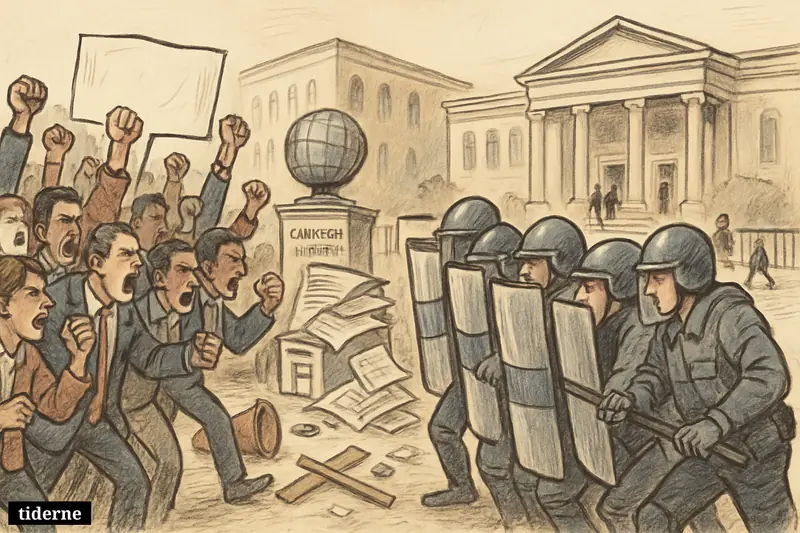 Protesters clash with riot police outside a formal political meeting hall, with research institute symbols and scattered barricades framing the unrest.