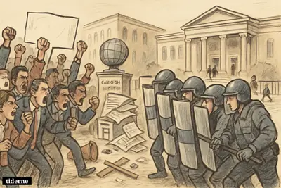 Protesters clash with riot police outside a formal political meeting hall, with research institute symbols and scattered barricades framing the unrest.