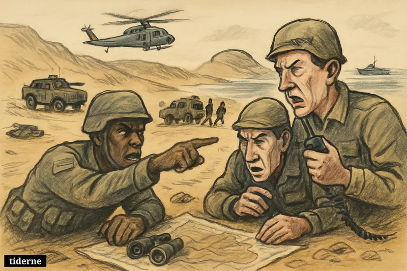 Caricature of soldiers conducting an urgent desert and coastal search with vehicles, helicopter, and patrol boat in southern Morocco.