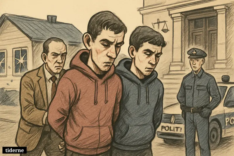 Two young suspects are escorted by police outside a damaged house, with a courthouse entrance and justice symbols in the background. (AI-genereret illustration)