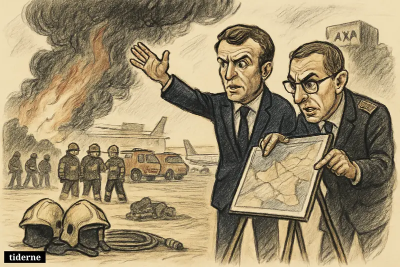 Macron and Laurent Nuñez stand near Bordeaux airport as firefighters battle a deadly wildfire, with grounded planes and fallen firefighters’ gear nearby. (AI-genereret illustration)