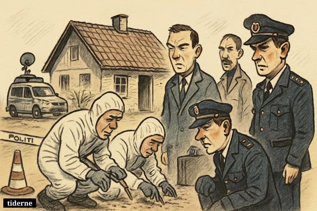 Forensic investigators, police, and a medical examiner examine a rural house scene while a news van waits behind the police perimeter. (AI-genereret illustration)