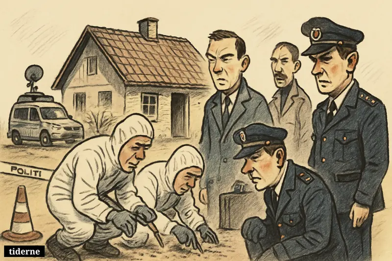 Forensic investigators, police, and a medical examiner examine a rural house scene while a news van waits behind the police perimeter. (AI-genereret illustration)