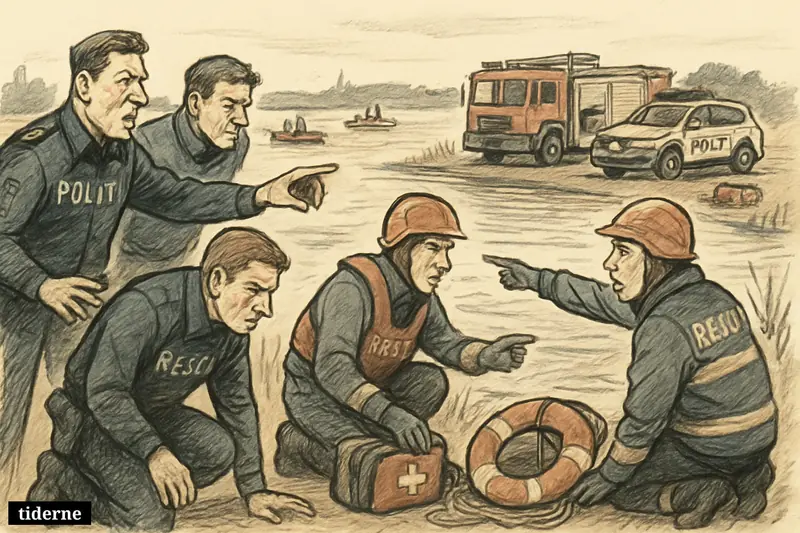 Police and rescue crews search a waterfront with boats, emergency gear, and urgent body language during two simultaneous drowning alarms.